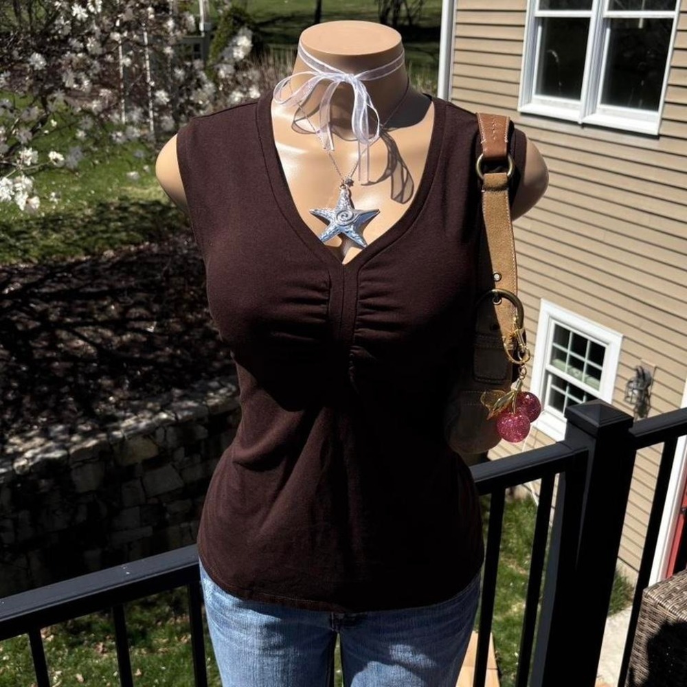 y2k 2000s brown ruched v neck fitted tank top